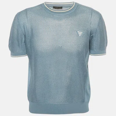 Pre-owned Prada Slate Blue Logo Embroidered Open Knit T-shirt S