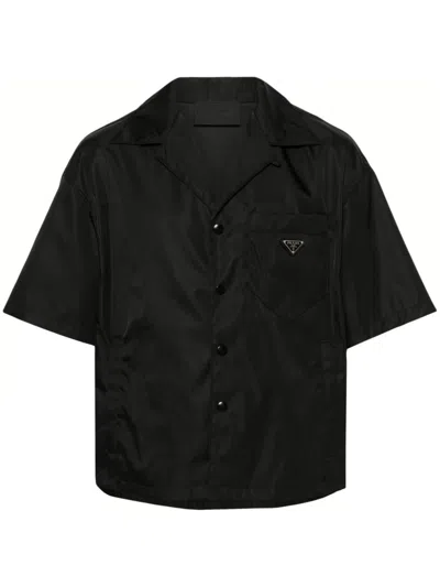 Prada Logo-embroidered Silk Bowling Shirt In Black