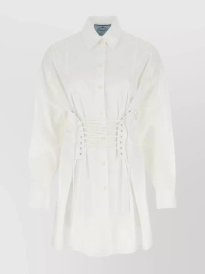 Prada Sleeved Waist Cinch Dress In White
