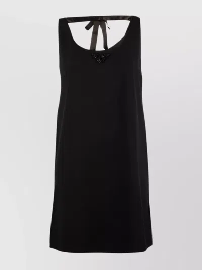 Prada Sleeveless Back Bow Beaded Satin Dress In Black