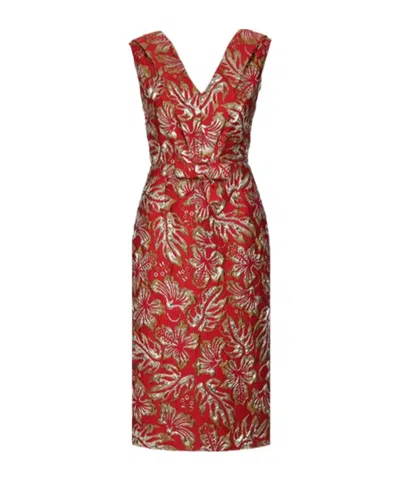 Prada Hibiscus-motif Jacquard Midi Dress In Red