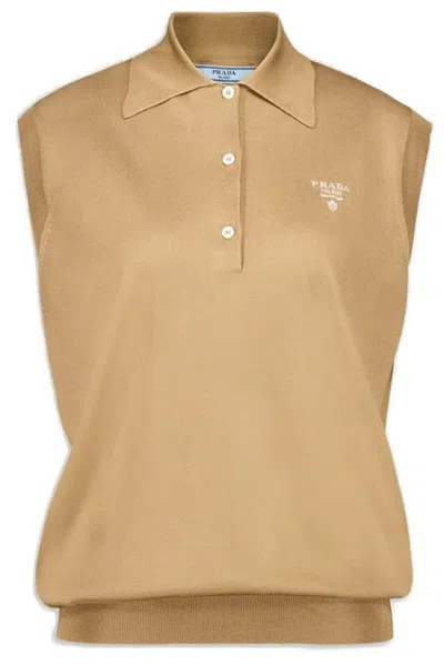 Prada Womens Brown Brand-intarsia Sleeveless Silk-knit Polo Shirt