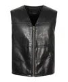 Prada Sleeveless V-neck Leather Vest With Raised Stitching In Black