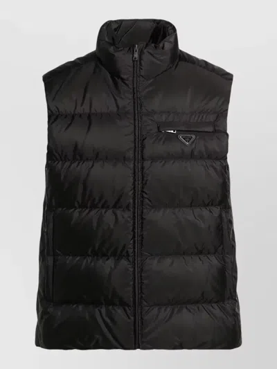 Prada Sleeveless Padded Coat High Collar Chest Pocket In Black