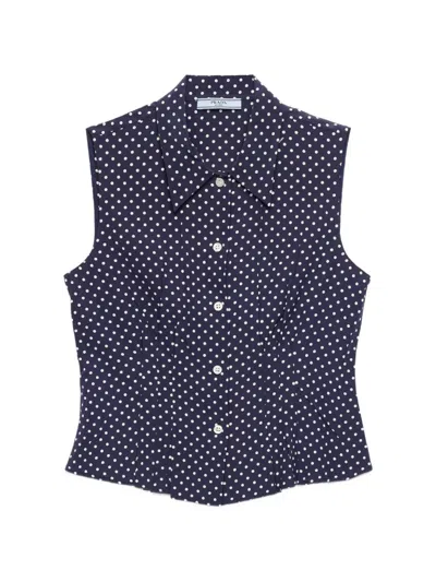 Prada Sleeveless Polka-dot Marocain Silk Shirt In Blue