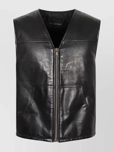 PRADA SLEEVELESS V-NECK LEATHER VEST WITH RAISED STITCHING