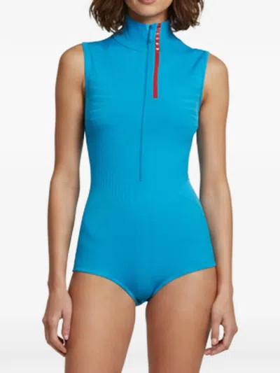 Pre-owned Prada Sleeveless Zip-up Swimsuit In Blue