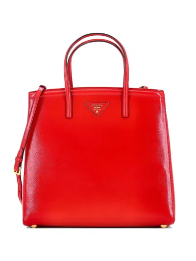 Pre-owned Prada Slim Convertible Vernice Saffiano Leather Medium Tote Bag In Red