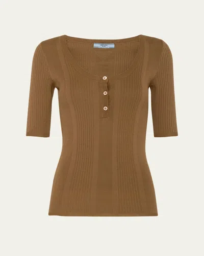 Prada Slim Cotton Knit Shirt In Sughero
