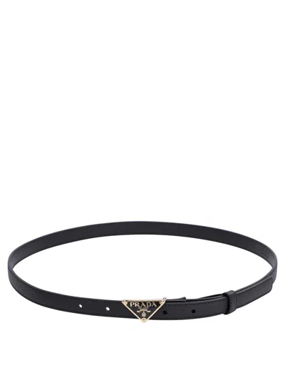 Prada Triangle Logo Saffiano Leather Belt In Black