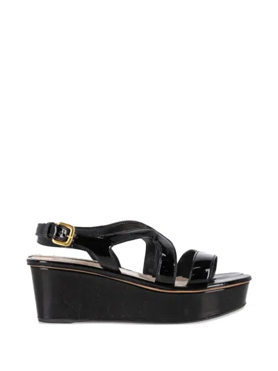 Pre-owned Prada Slingback Patent-leather Wedge Sandals In Black