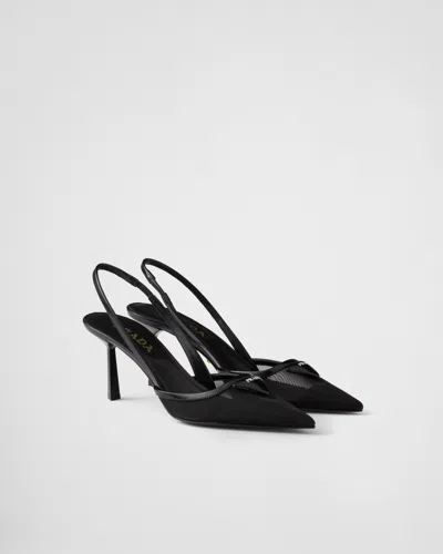 Prada 75 Logo Leather-trimmed Slingback Pumps In Black