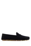 Prada Enamel-triangle-logo Suede Loafers In Blue