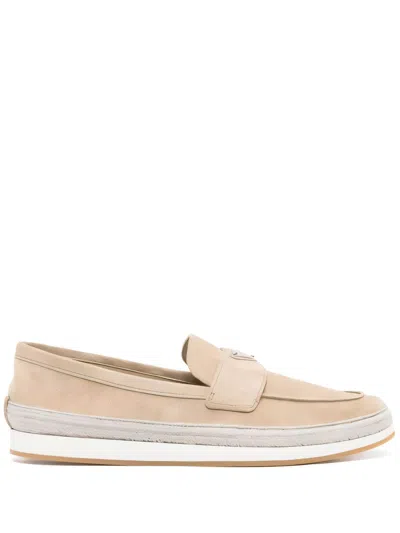 Prada Slip-on Loafers With Logo Emblem In Neutrals