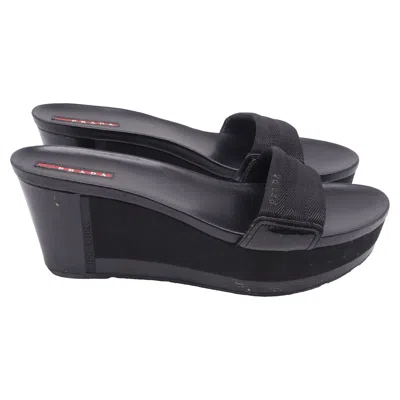 Prada Slip-on Wedge Sandals In Black Canvas