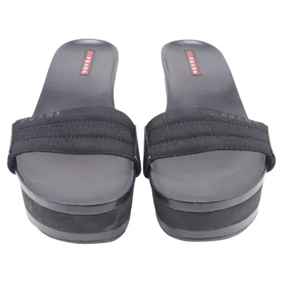 Pre-owned Prada Slip-on Wedge Sandals In Black Canvas