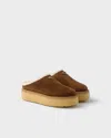 Prada Shearling Lining Suede Slippers In Blue
