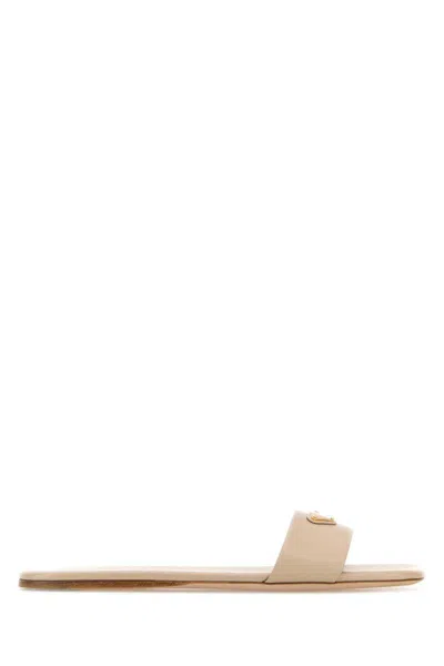 Prada Leather Logo Flat Slide Sandals In Neutral