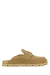 Prada Suede Triangle Mules In Beige O Tan
