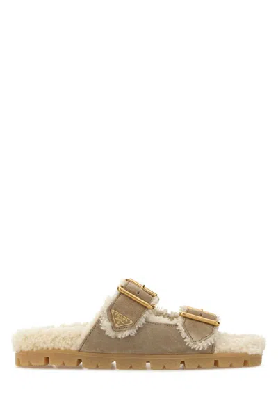 Prada Sand Suede Slippers In Brown