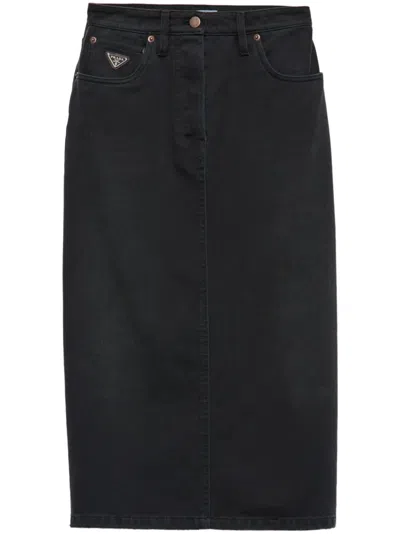 PRADA SLIT DENIM MIDI-SKIRT