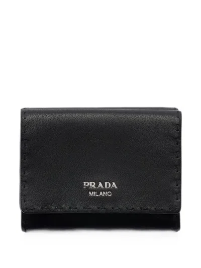 Prada Small Antiqued Leather Wallet In Black