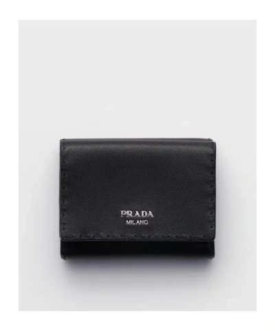 Prada Small Antiqued Leather Wallet In Black