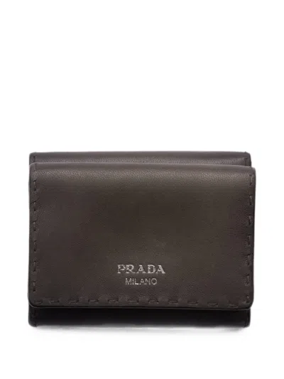 Prada Small Antiqued Leather Wallet In Brown