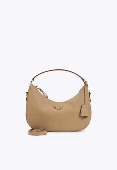 Prada Small Arqué Leather Shoulder Bag In Sand