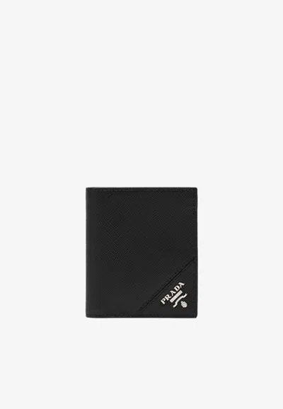 Prada Small Bi-fold Wallet In Saffiano Leather In Black