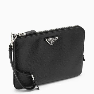 Prada Small Black Pouch In Saffiano Men In Brown