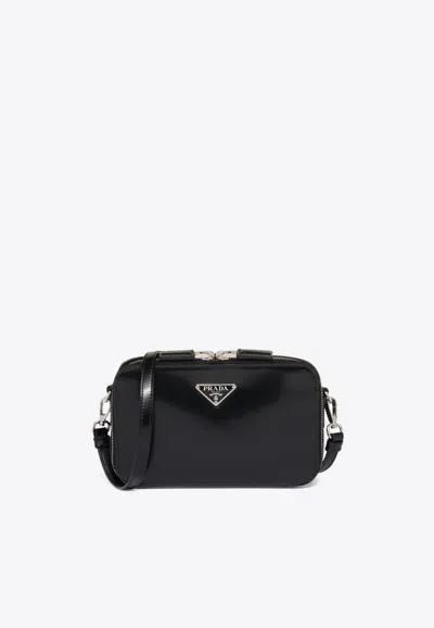 Prada Small Brique Brushed Leather Crossbody Bag In Black