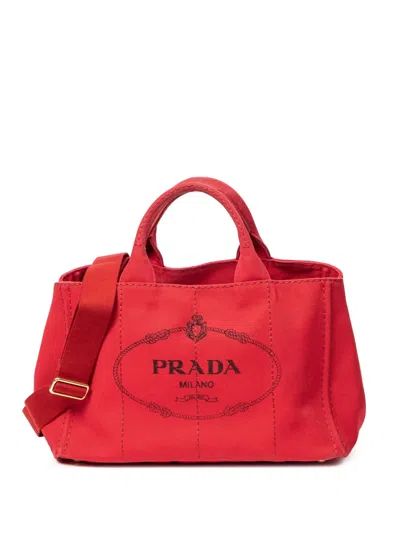Pre-owned Prada Small Canapa Logo-print Tote Bag In Red