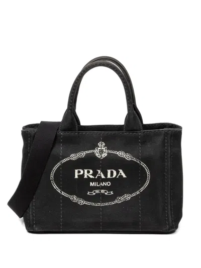Pre-owned Prada Small Canapa Logo-print Tote Bag In Black