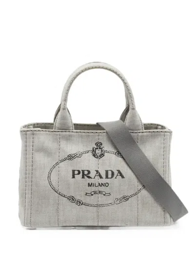 Pre-owned Prada Small Canapa Logo-print Tote Bag In Gray