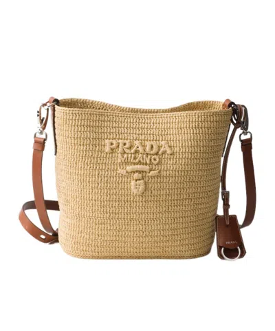 Prada Small Crochet And Leather Bucket Bag In Neutral