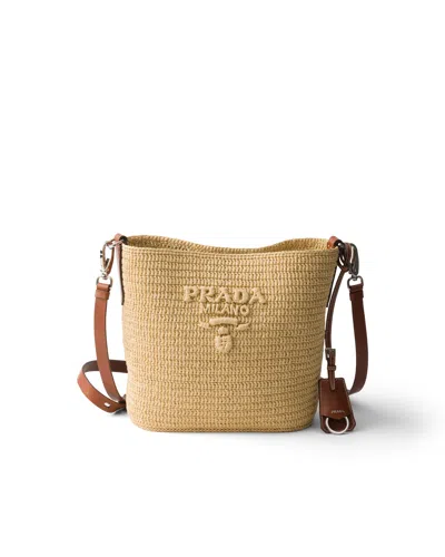Prada Small Crochet And Leather Bucket Bag In Blue