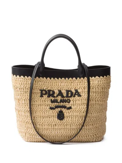 Prada Small Crochet And Leather Tote Bags In Sand