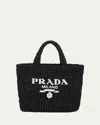 Prada Logo Striped Raffia Shoulder Bag In Black