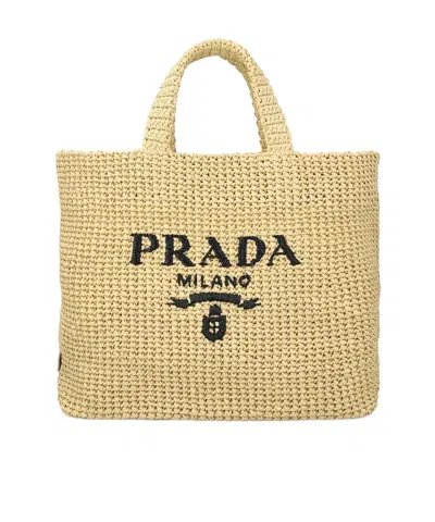 Prada Logo Woven Fabric Shopping Bag In Neutral