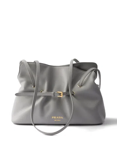 Prada Small Dada Leather Tote Bag In Gray