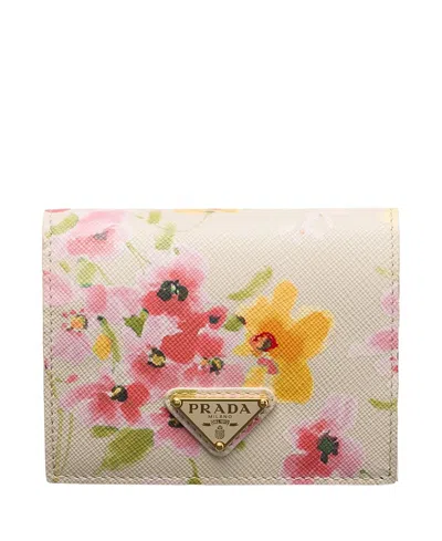 Prada Small Floral-print Saffiano Leather Wallet In Neutral