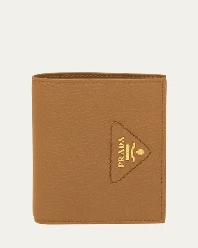 Prada Small Leather Bifold Wallet In Caramel
