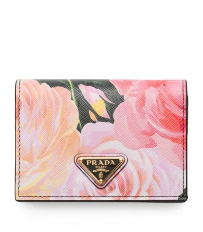 Prada Small Leather Floral Print Wallet In Pink