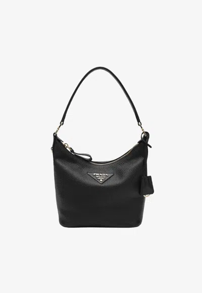 Prada Small Leather Hobo Bag In Black