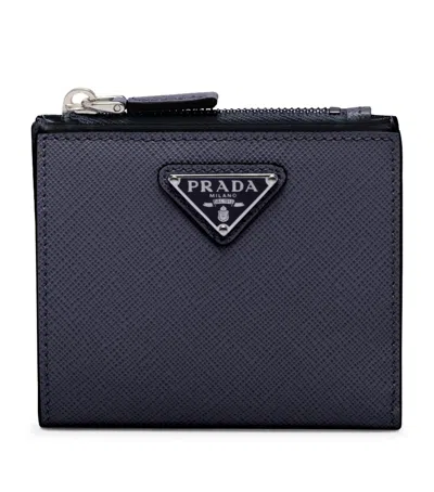 Prada Small Leather Logo Wallet In Blue