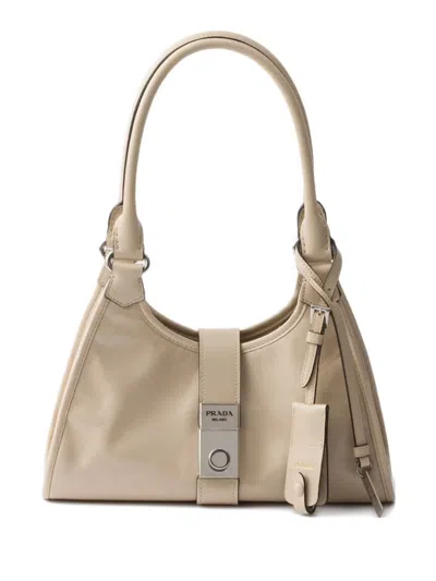 Prada Small Leather Push-lock Tote Bag In Neutral