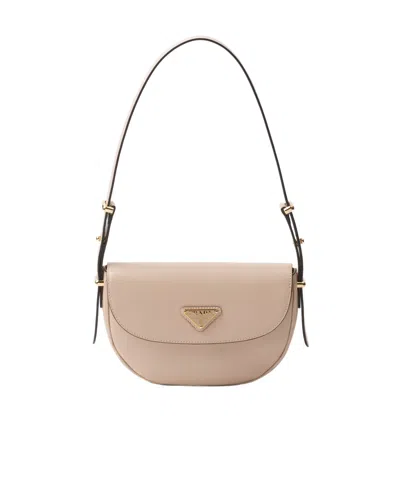 Prada Logo Plaque Foldover Small Shoulder Bag In Beige