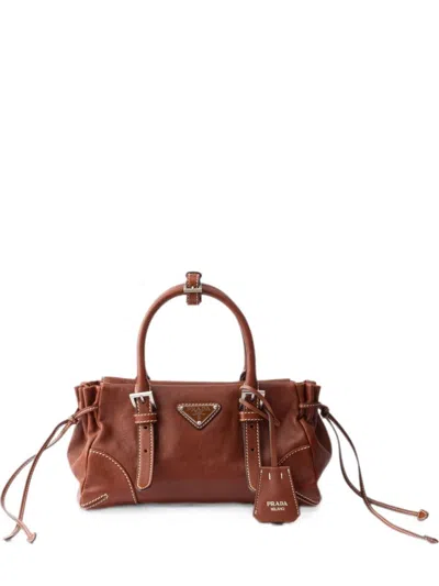 Prada Small Leather Tote Bag Karin With Buckle In Brown