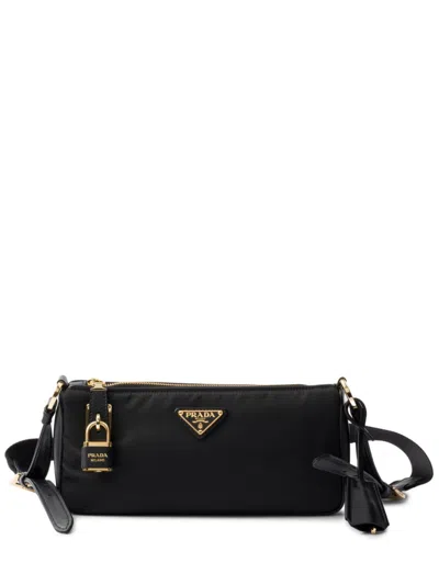 Prada Small Re-nylon And Leather Shoulder Bag With Padlock In Black